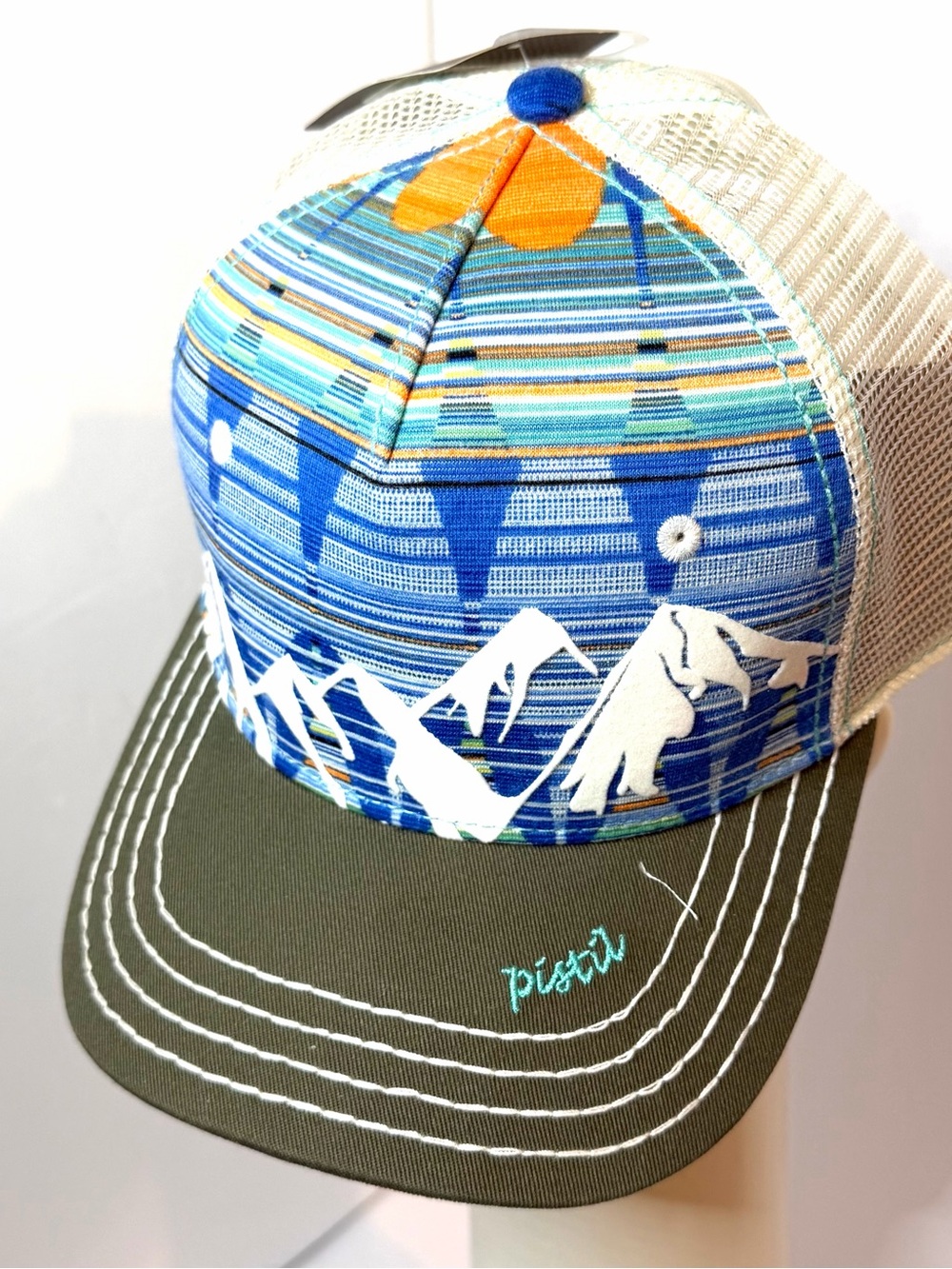 Pistil Mountain Scenic Olive Green and Blue Women's Trucker Hat